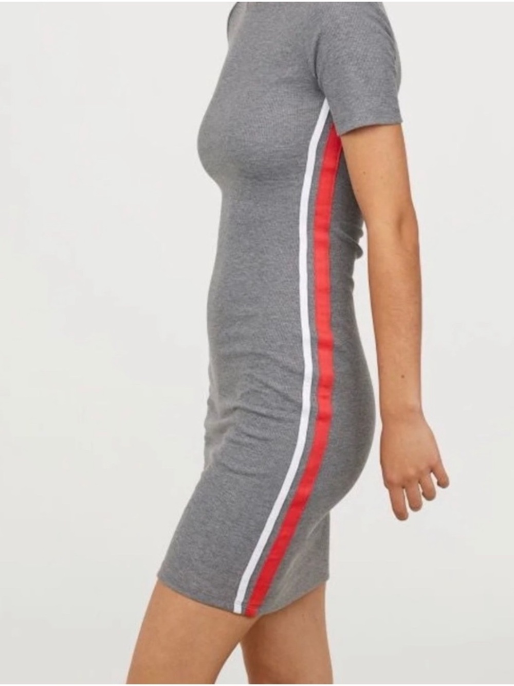 H&M DIVIDED Grey Bodycon Dress with Red/White Stripe Side-Panel